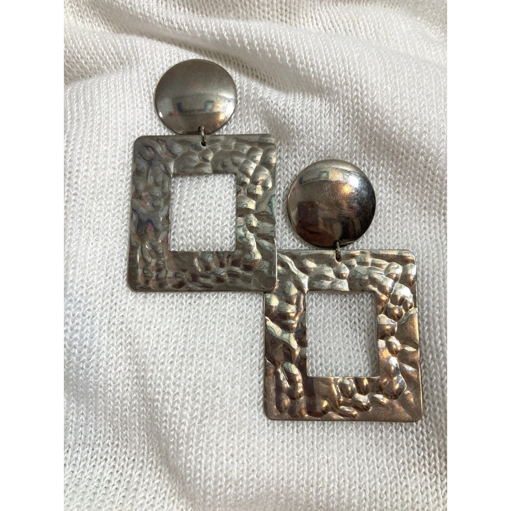 Brutalist Dangle Earrings Silver Tone Hammered Square Modernist Statement Chunky